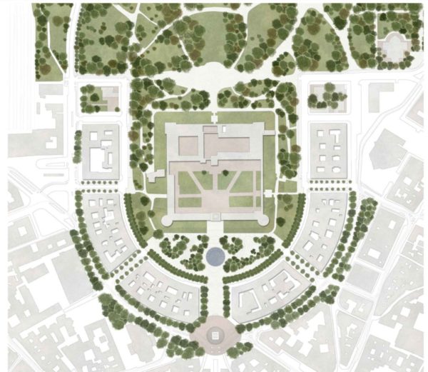 Parterre in calcestre e alberi per il progetto di Piazza Castello